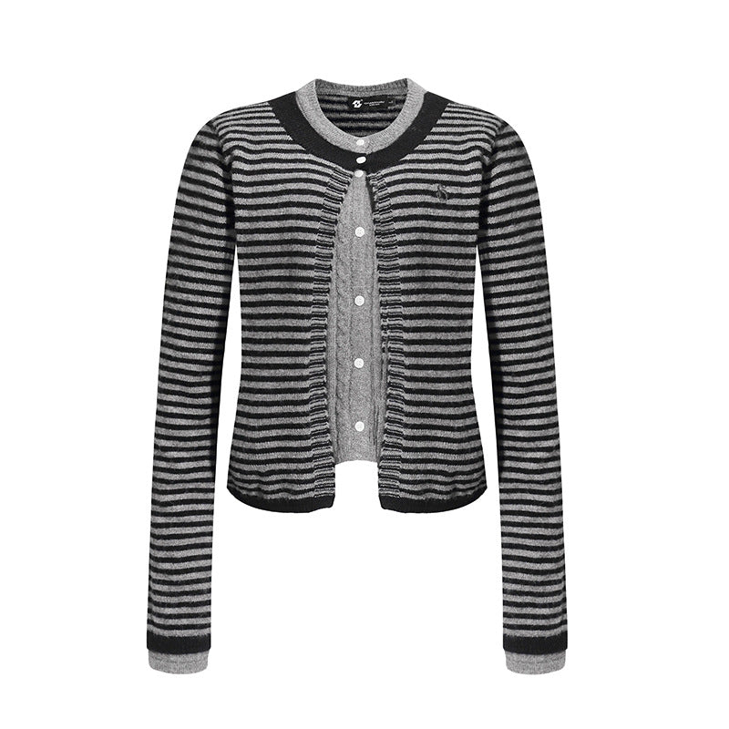 Women's Short Layered Cardigan with Round Neck and Fine Stripes Amarae
