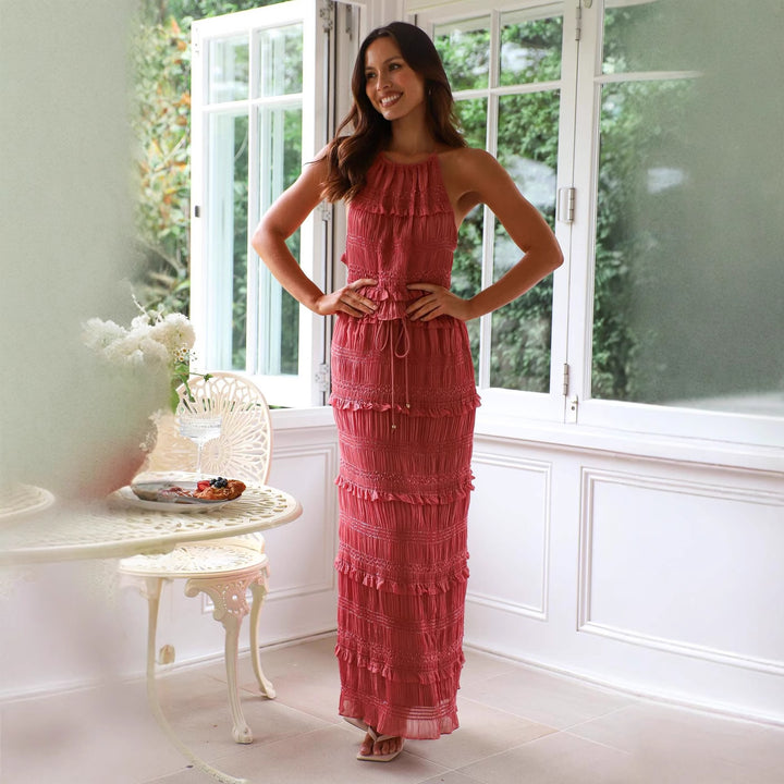 Chic & Stil Women's top and maxi skirt set with ruffle details