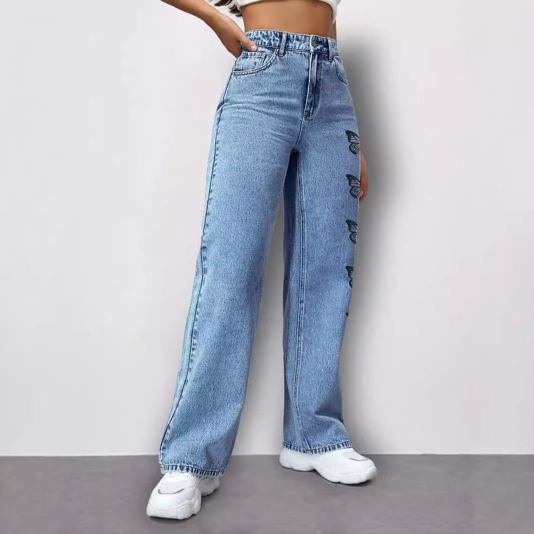 Ladies High-Waist Loose-Fit Denim Pants with Side Butterfly Print Amarae