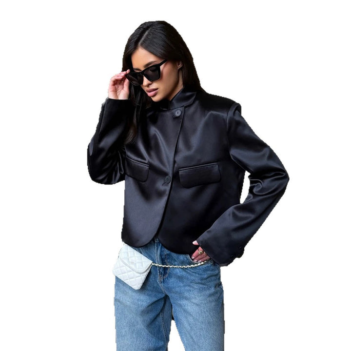 Ladies Satin Cropped Blazer with Mandarin Collar, Flap Pockets and Curved Hem Amarae