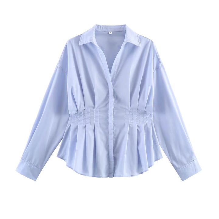 Ladies' blouse with tailored gathered insert and pleated peplum