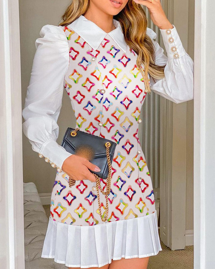 Women Elegant Shirt Dress with Puff Sleeves Pearl Button Placket and Pleated Hem Amarae