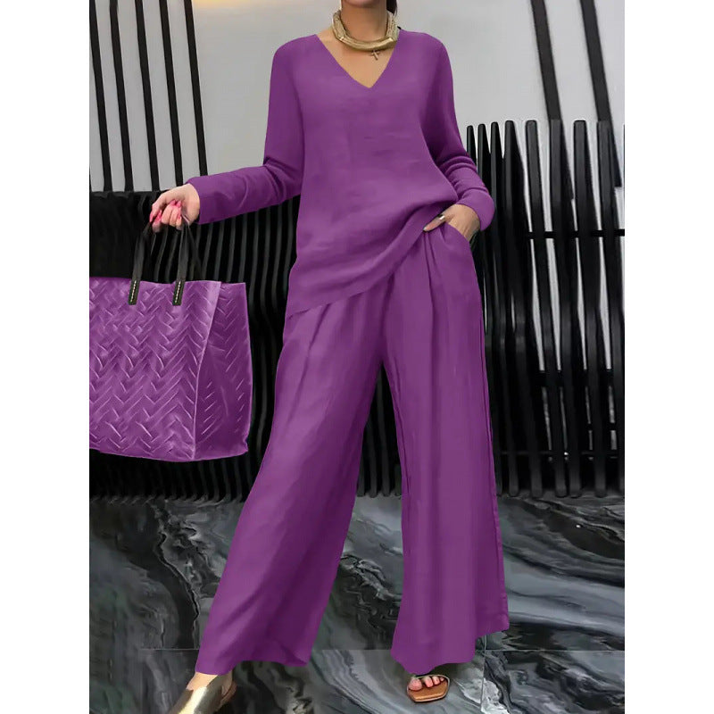 Women's Fine V-Neck Knit Sweater with Flowing Palazzo Pants Amarae