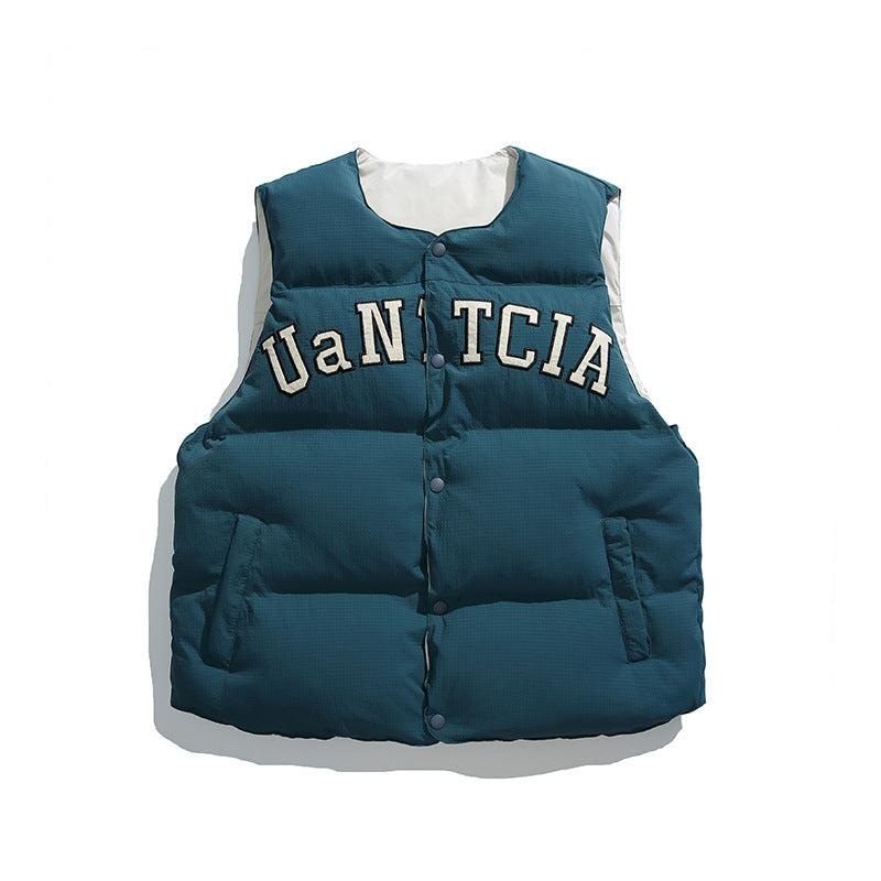Unisex Padded Quilted Vest in Boxy Cut with Snap Button Closure and College Logo Print Amarae