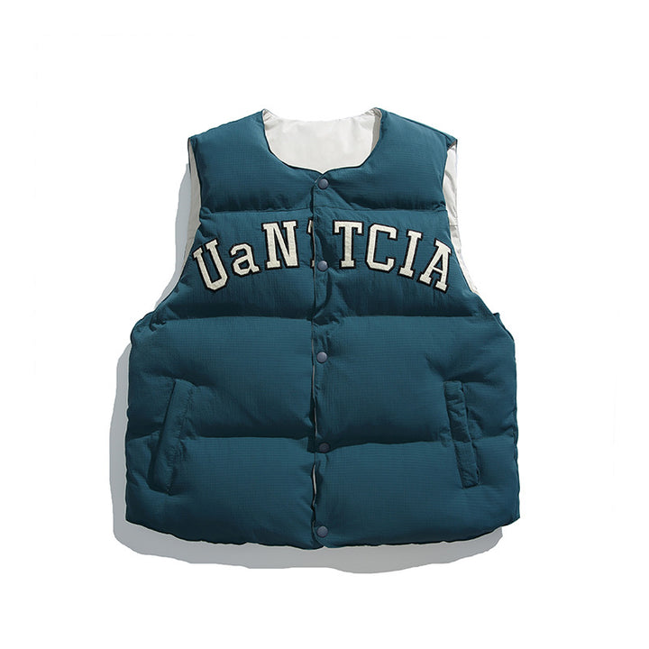Unisex Padded Quilted Vest in Boxy Cut with Snap Button Closure and College Logo Print Amarae