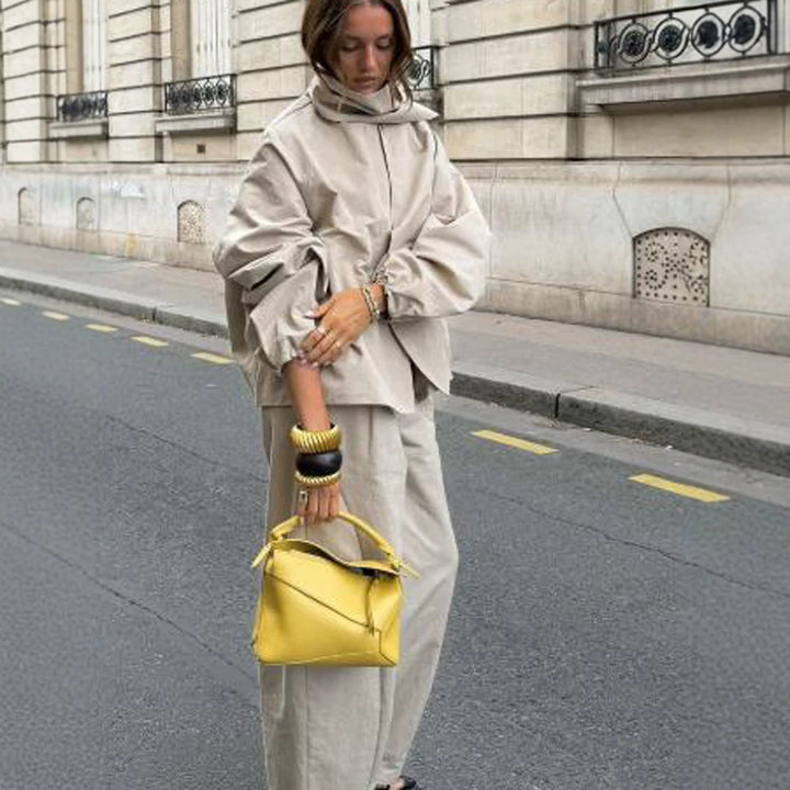 Women's Two-Piece Oversized Pant Suit Set with Asymmetrical Stand Collar Amarae