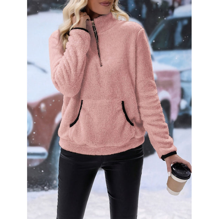 Women's fluffy fleece cuddle pullover with half zipper, kangaroo pocket and stand-up collar Amarae