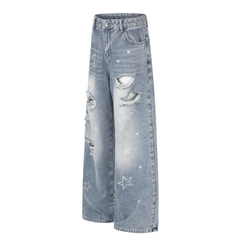 Ladies Wide Distressed Palazzo Jeans with Star Embroidery Amarae