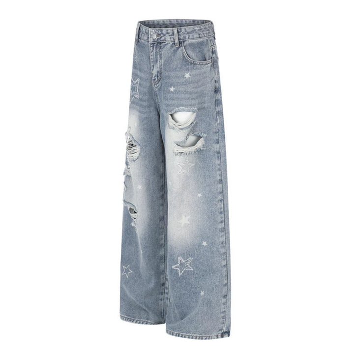 Ladies Wide Distressed Palazzo Jeans with Star Embroidery Amarae