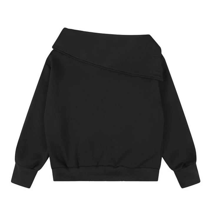 Women Asymmetric Sweatshirt with Wide Collar, Decorative Button Placket and Bead Application Amarae
