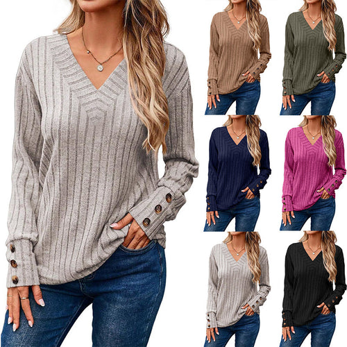 Casual women's V-neck sweater with textured ribbing design and elegant button details Amarae