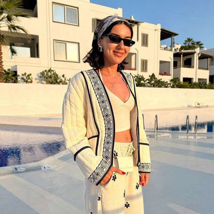 Women Quilted Kimono Cardigan with Geometric Embroidery Amarae