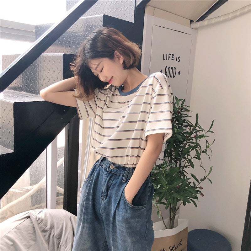 Women Striped T-Shirt with Round Neck and Loose Fit Lune London