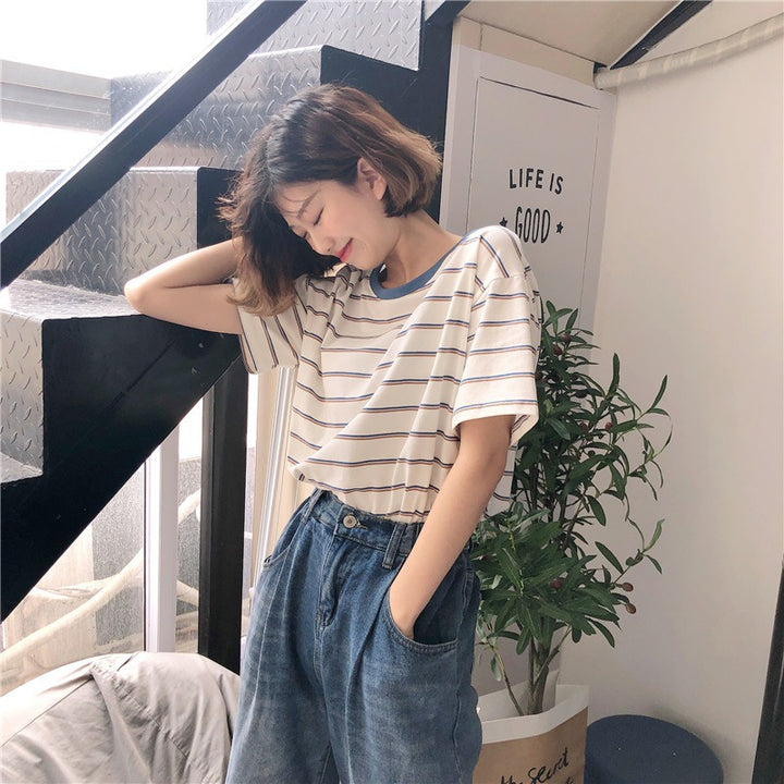 Women Striped T-Shirt with Round Neck and Loose Fit Lune London