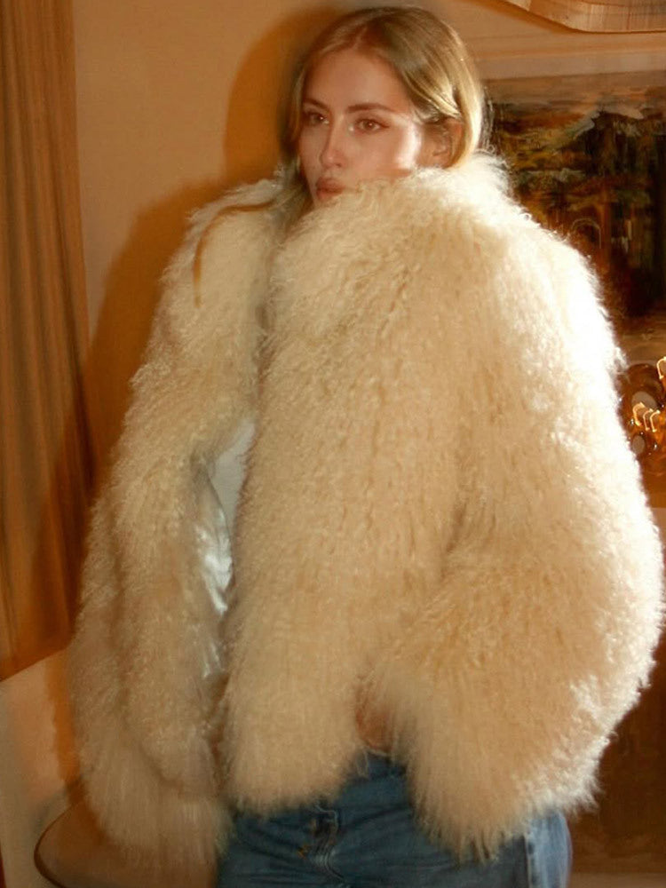 Women's Boxy Faux Fur Bomber Jacket with Curly Lambskin Look and Extra Volume Amarae