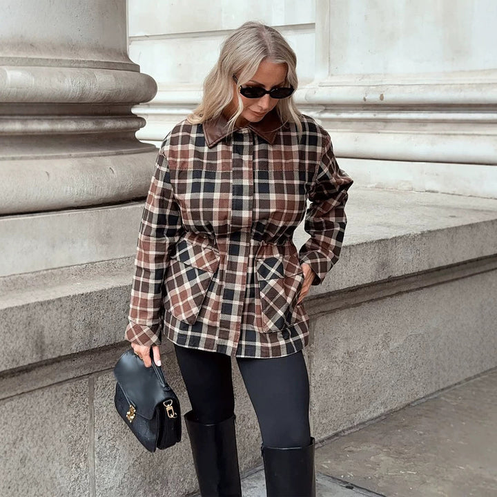Women Checked Shacket with Waist Drawstring, Flap Pockets & Leather-Look Collar Amarae