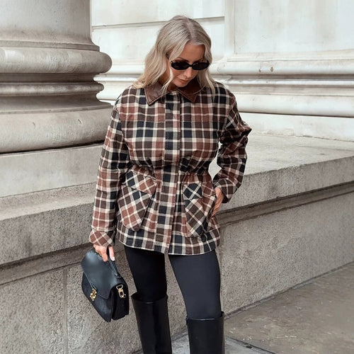 Women Checked Shacket with Waist Drawstring, Flap Pockets & Leather-Look Collar Amarae