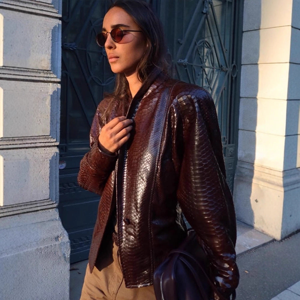 Women's Shiny Snake Pattern Leather Bomber Jacket Amarae