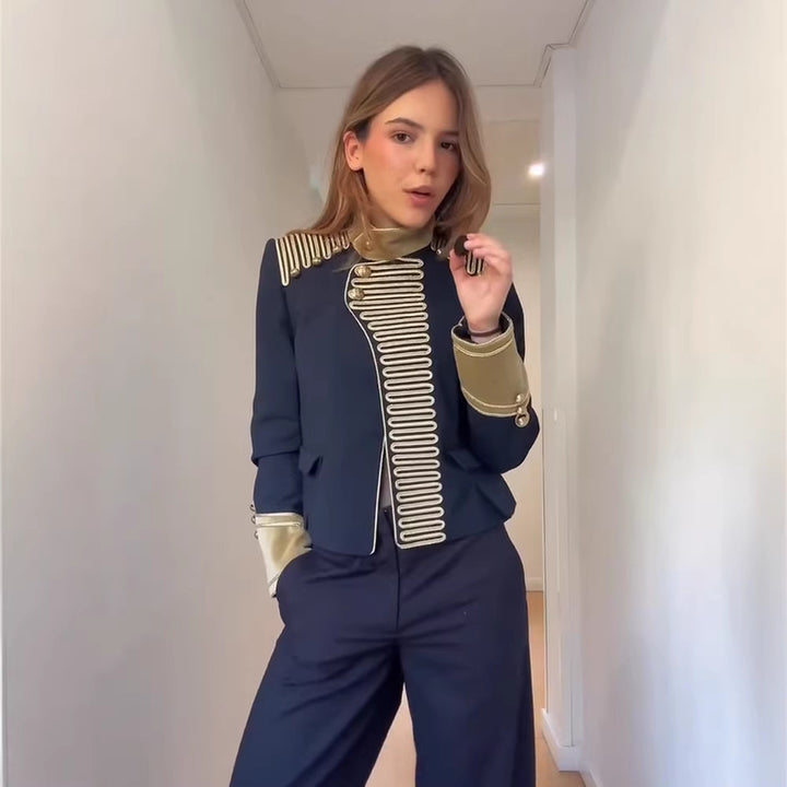Women’s military-inspired short jacket with gold cord trim and stand-up collar Amarae