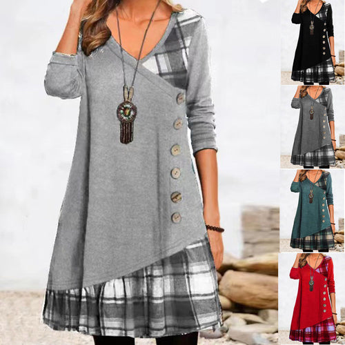 Asymmetrical casual dress for women with checkered hem and button detail Amarae