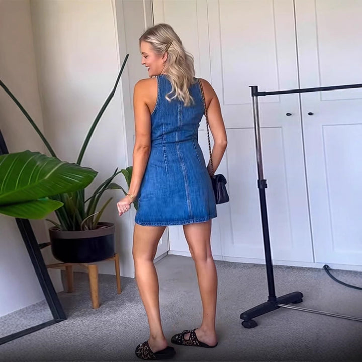 Women's Figure-hugging Sleeveless Denim Mini Dress with Center Button Placket Amarae