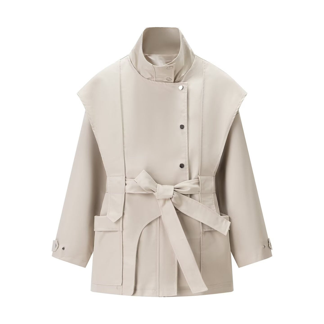 Women's Short Cape Trench with Stand Collar, Waist Belt, and Patch Pockets Amarae