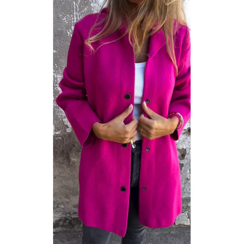 Women's Midi Length Oversized Coat made of Wool Blend with Clear Button Placket and Minimalist Lapels Amarae