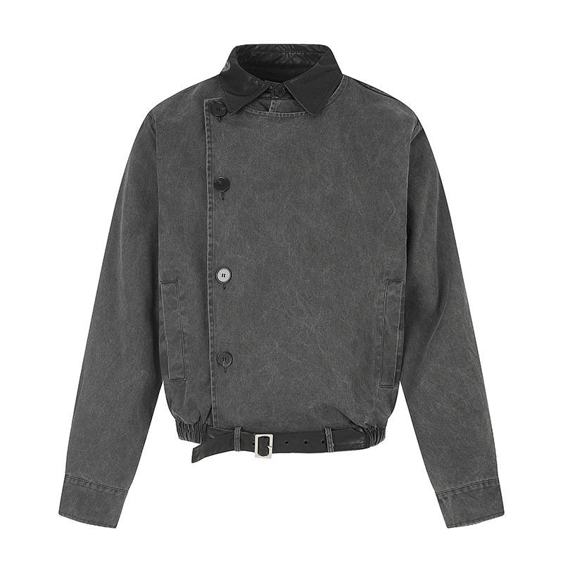 Men's Asymmetrical Canvas Bomber Jacket with Leather Straps and Stand Collar Amarae