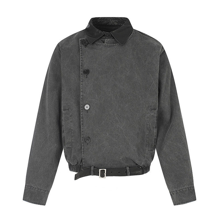Men's Asymmetrical Canvas Bomber Jacket with Leather Straps and Stand Collar Amarae