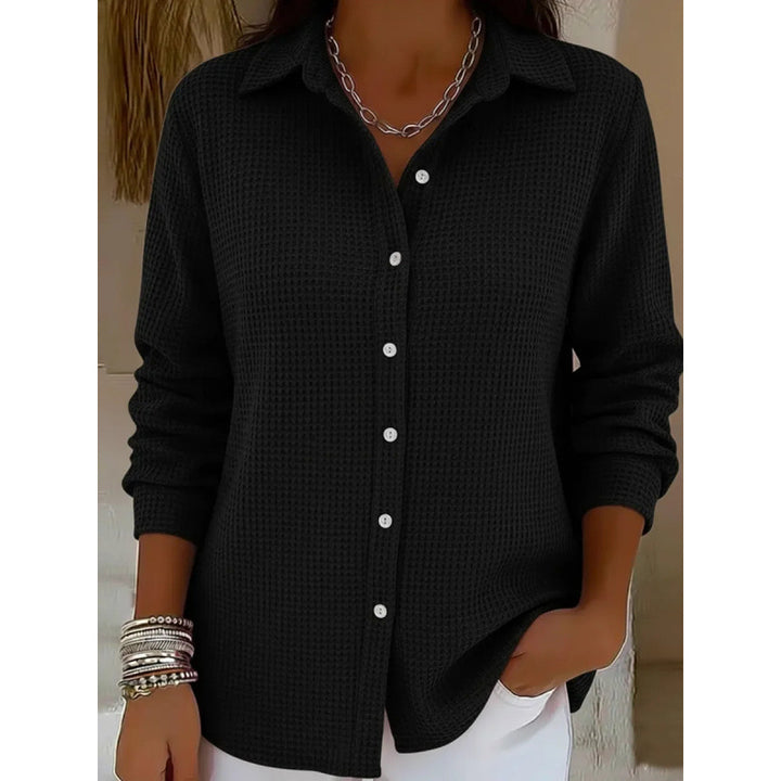 Women's Structured Shirt Blouse in Waffle Knit with Classic Collar and Continuous Button Placket Amarae