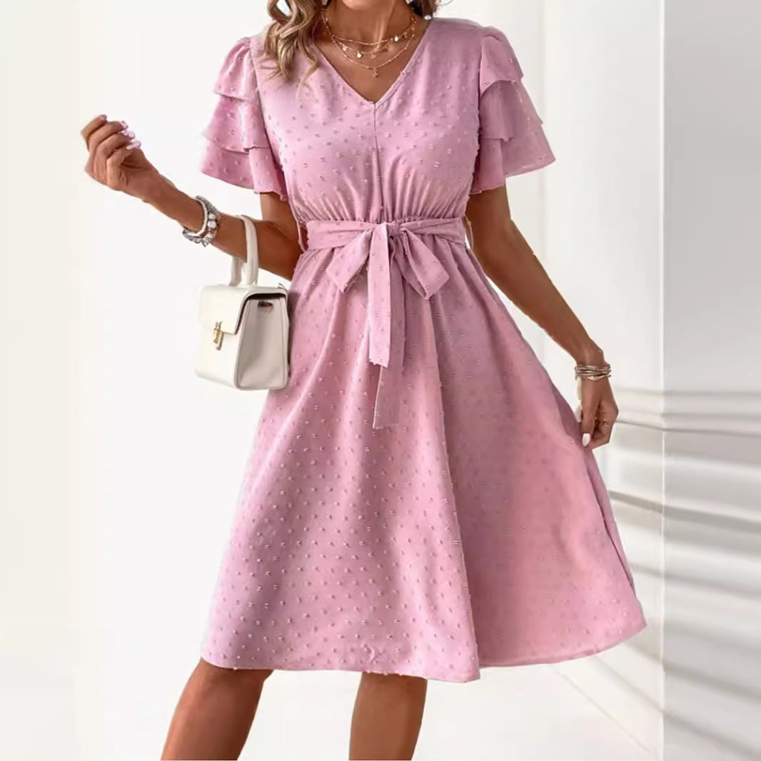Elegant Woman Dress with Ruffled Sleeves V Neck Lune London