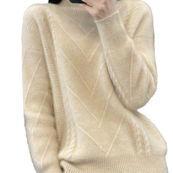 Women's thick knit sweater with an innovative cable pattern and a high collar Lune London
