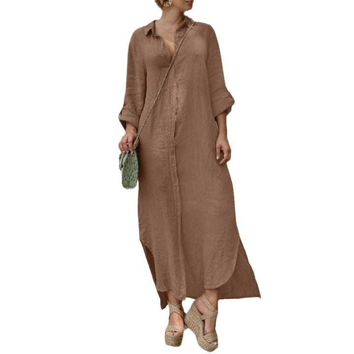 Women's button-up shirt dress with a continuous button placket, side slits, and 3/4 sleeves Amarae