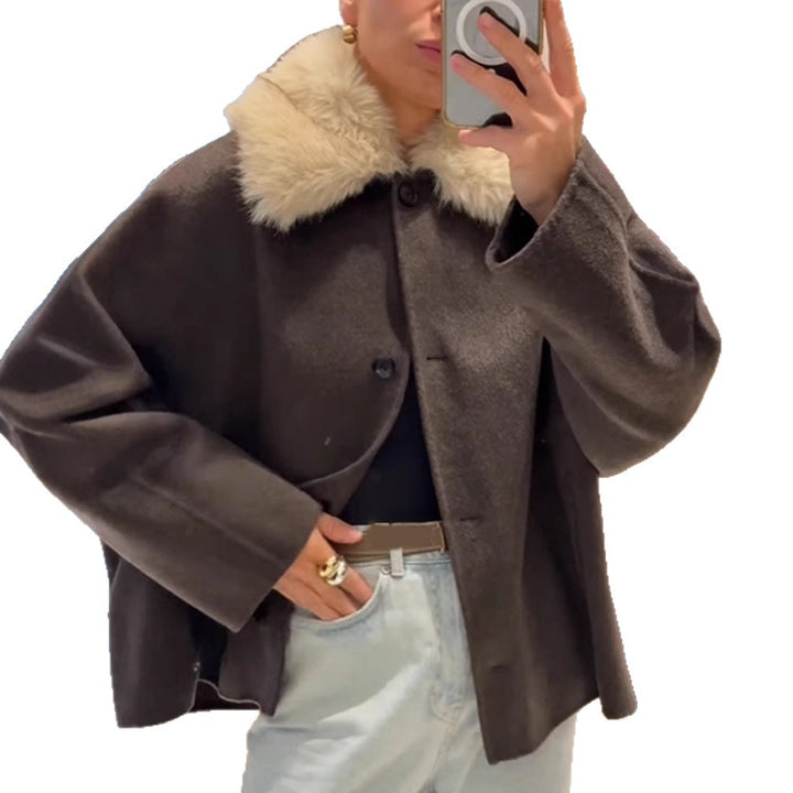 Women's Boxy-Cropped Wool Blend Jacket with Soft Faux Fur Shawl Collar Amarae