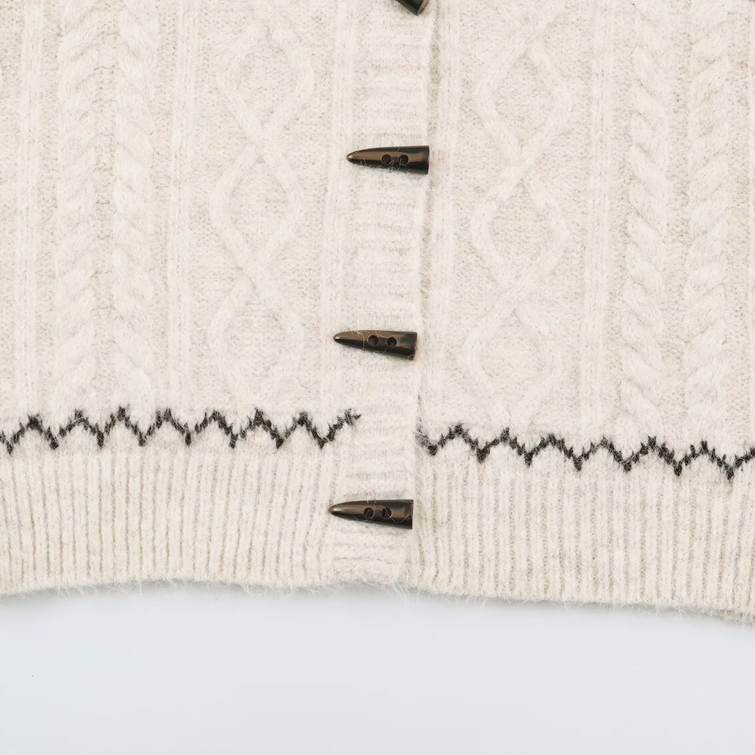 Women's Coarse Knit Hooded Cardigan with Horn Buttons and Norwegian Pattern Amarae