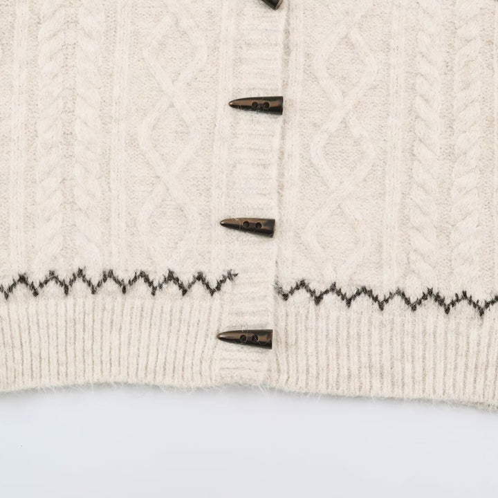 Women's Coarse Knit Hooded Cardigan with Horn Buttons and Norwegian Pattern Amarae