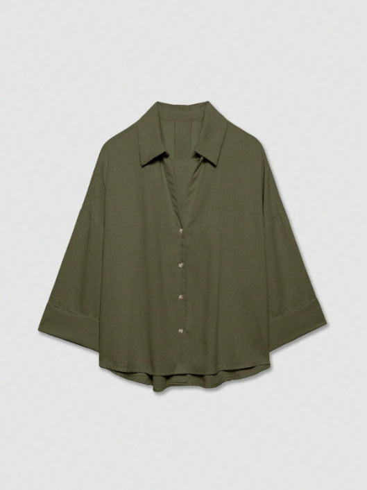 Women's Lightweight Oversized Linen Look Blouse with Three-Quarter Sleeves and Full Button Placket Amarae