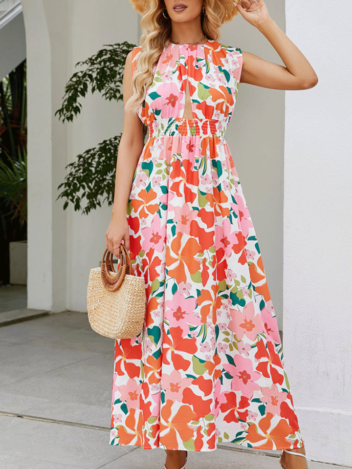 Maxi dress for women with floral design and elastic belt Lune London