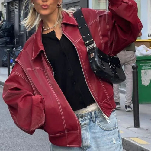 Faux leather jacket for women with elastic cuffs and a high collar Amarae