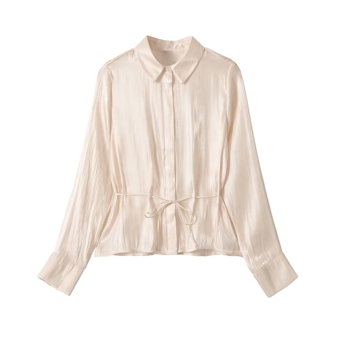 Ladies silk matte tailored shirt blouse with drawstring and concealed button placket Amarae