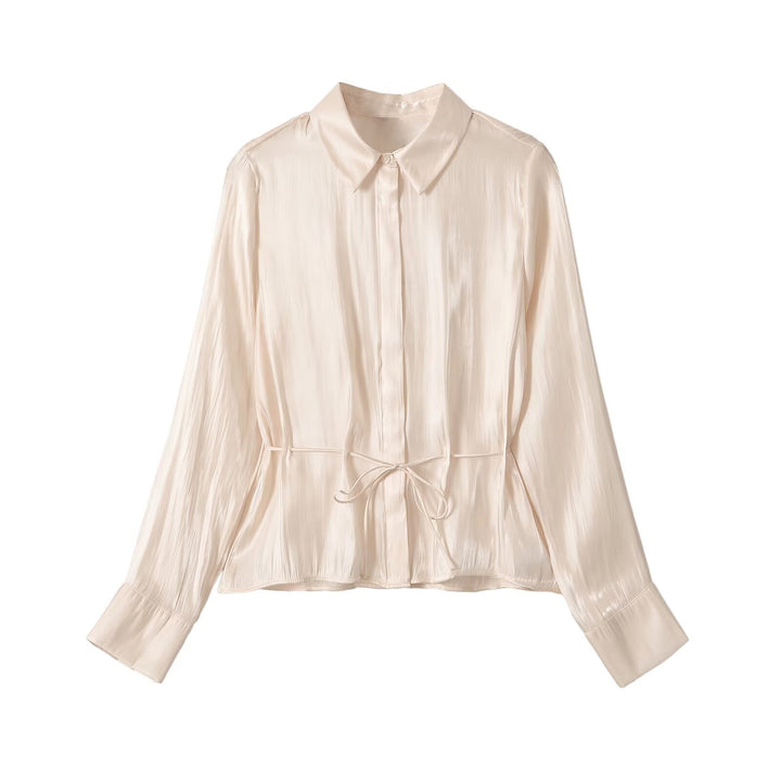 Ladies silk matte tailored shirt blouse with drawstring and concealed button placket Amarae