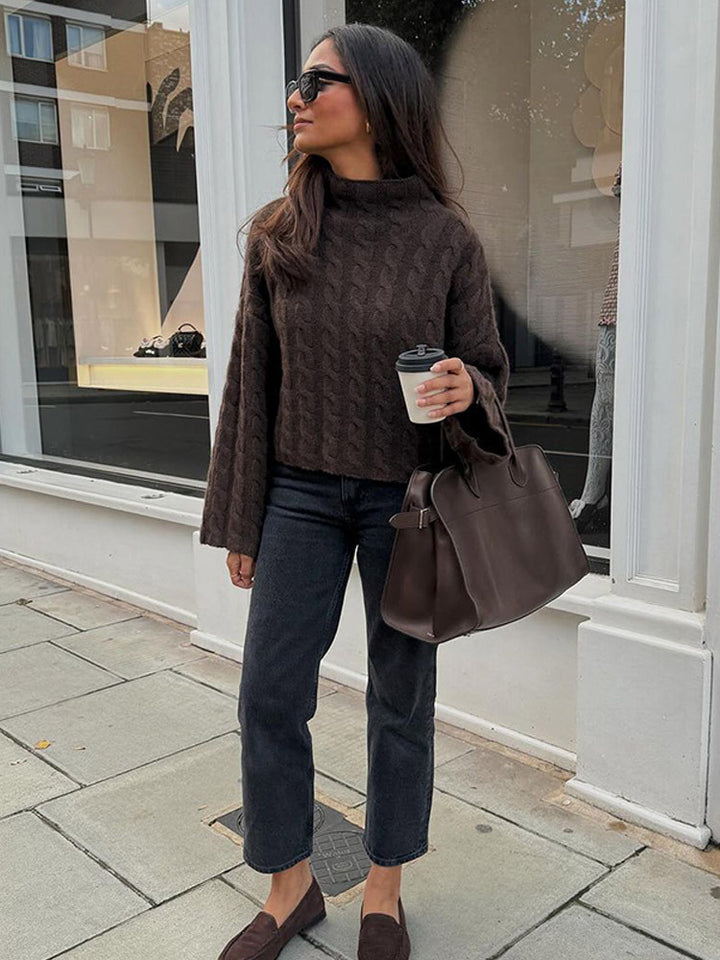 Women's Short-Cut Cable Knit Sweater with Turtleneck & Balloon Sleeves Amarae