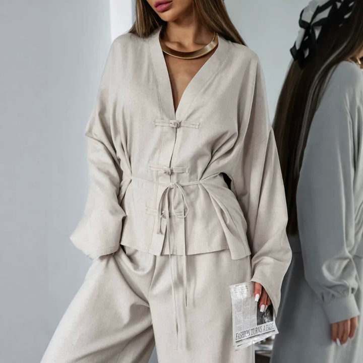 Women's Kimono-Inspired Loungewear Jacket with Waist Tie and Decorative Knot Amarae