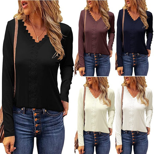 Ladies elegant long sleeve V-neck T-shirt with lace trim Amarae