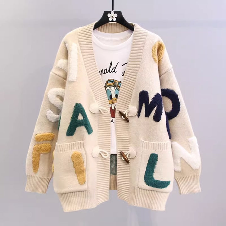Women’s knit jacket with colorful letter pattern and practical pockets Lune London