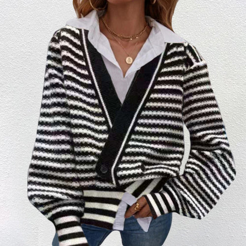 Ladies Thick Knit Cardigan with V Neck and Chic Modern Stripes
