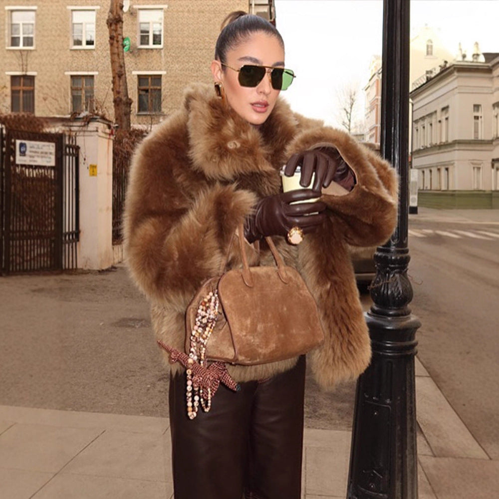 Women's short jacket in teddy style with voluminous shawl collar and soft faux fur texture Amarae