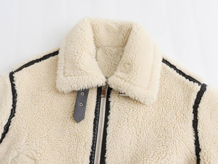 Ladies Oversize Teddy Jacket in Aviator Look with Contrast Seams and Webbing Details Amarae