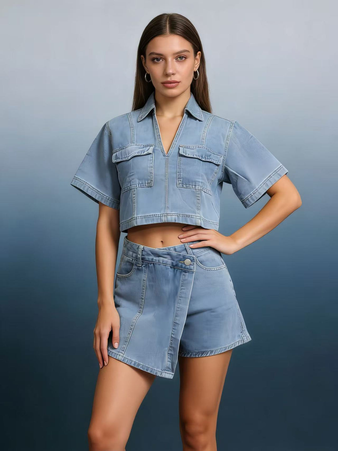 Women's stylish cropped shirt with patch pockets and casual shorts Lune London
