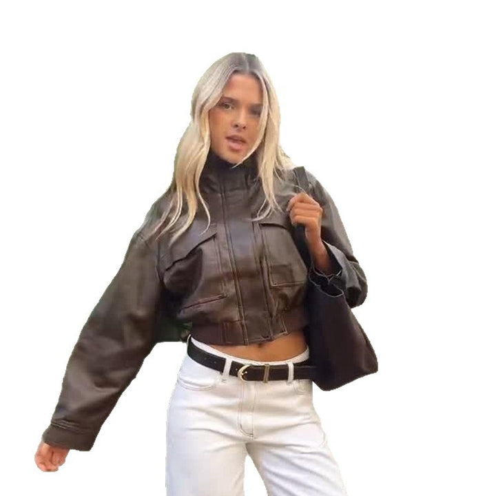 Women's Short Utility Bomber Jacket made of Vegan Leather with High Stand-Up Collar Amarae